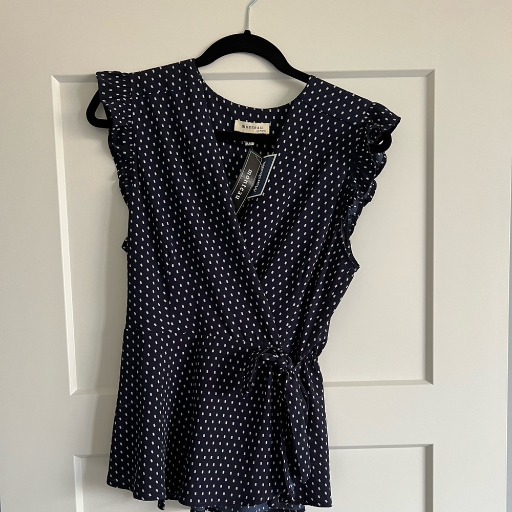 NWT navy/white faux wrap top